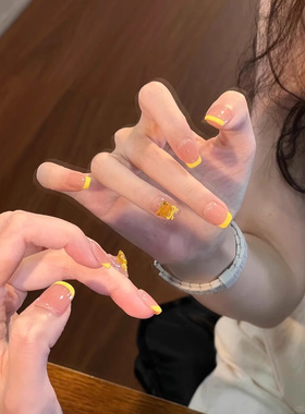清透猫型碎钻招财猫猫黄色法式裸色奶油风可爱短款可拆卸穿戴甲