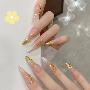 鎏光金焰冰透猫眼细闪带彩钻高级感假指甲 手工美甲穿戴甲ins法式