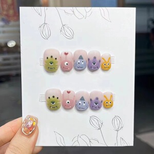 卡通可爱独眼小怪兽美甲贴2024手绘涂鸦呆萌立体学生穿戴甲胶水款