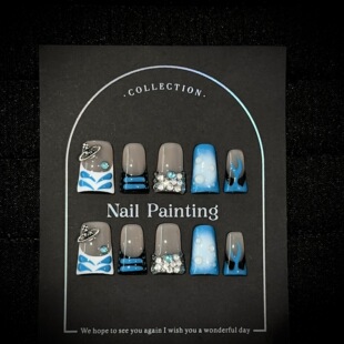 饰短甲法式 美甲短鸭嘴 欧美风纯手工穿戴甲蓝灰色渐变水钻装 新款
