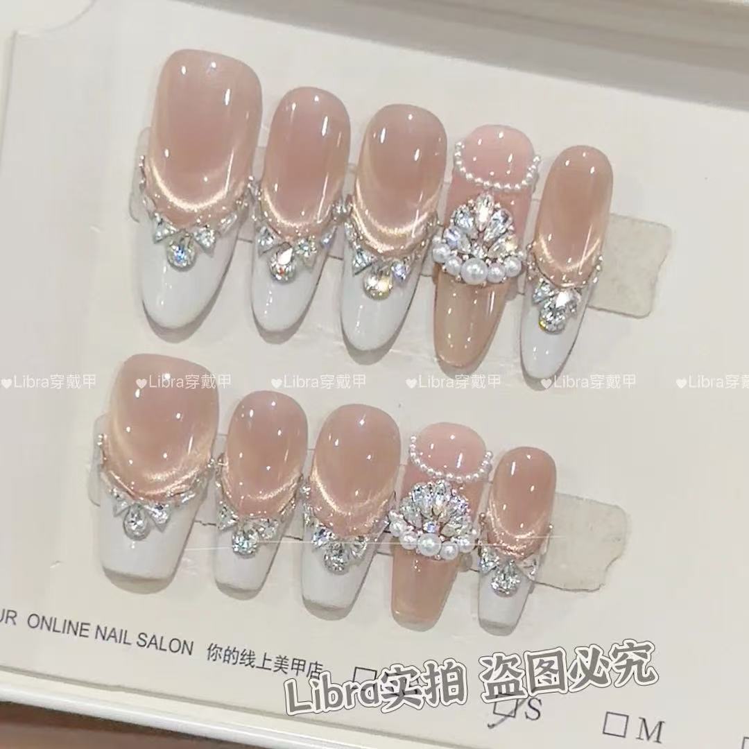 纯手工穿戴甲钻石珍珠法式美甲