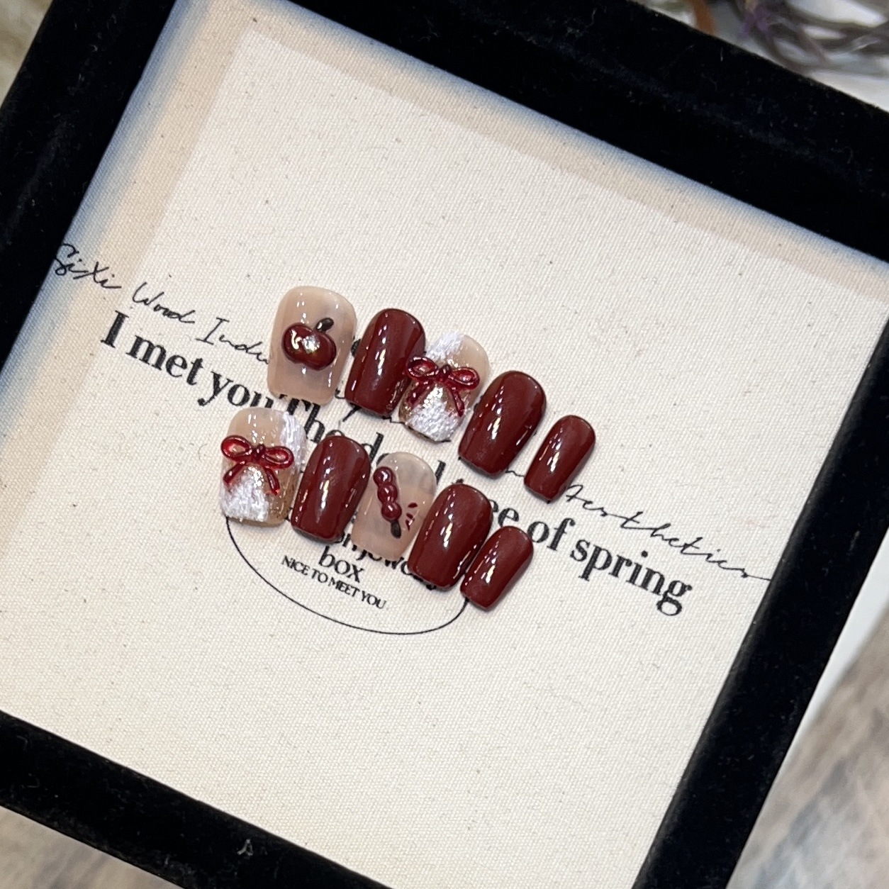百搭酒红色石膏蝴蝶结可爱糖葫芦短款新年美甲纯手工显白穿戴甲