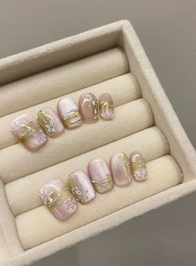 ins小清新晶莹透亮粉绿色玻璃猫眼显白高级感手工穿戴假指甲贴片