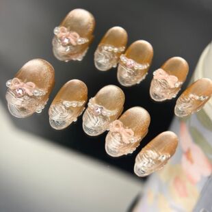 短款显白法式粉色立体蝴蝶结仿珍珠金色猫眼清透日常穿戴甲美甲