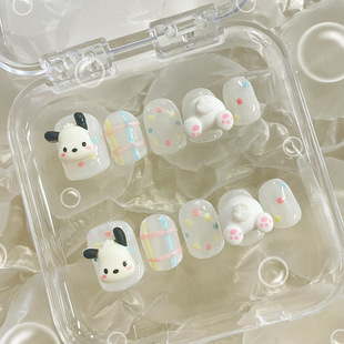 可爱卡通彩虹帕恰狗纯手工穿戴甲短款学生显白小清新立体指甲成品