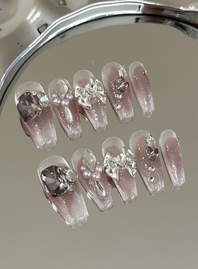 ins紫色系晕染冰透美甲穿戴甲法式立体蝴蝶结镶钻富家千金假指甲