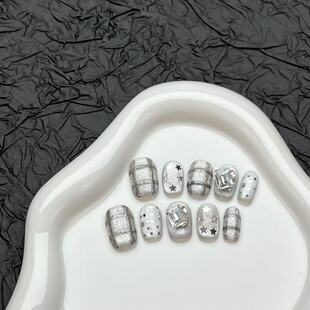 甜酷猫眼银灰色格纹辣妹风手工穿戴甲猫眼贴片气质百搭显白甲片