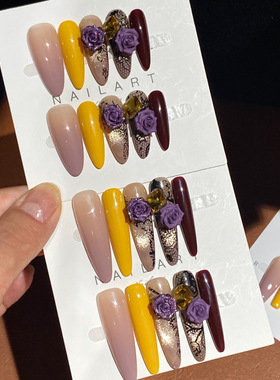 复古立体玫瑰花蕊姬夫人显白跳色渐变黄色大钻可拆卸穿戴甲贴片