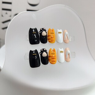 卡通小猫爪可爱立体大黑小白胖橘猫咪线条童趣显白可拆卸穿戴甲