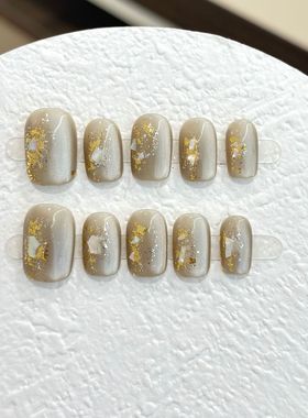 松绿色猫眼美甲贴穿戴甲短款贝壳光金色点缀显白易拆卸假指甲成品