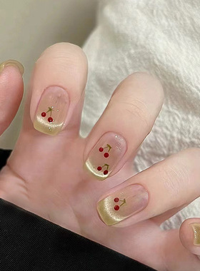 亮晶晶猫眼穿戴甲高级感小众显白绿色冰透清新樱桃美甲成品穿戴式