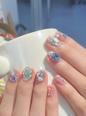 浅蓝色星星方糖碎钻细闪亮片裸色星河魔镜纯欲气质日常美甲贴片