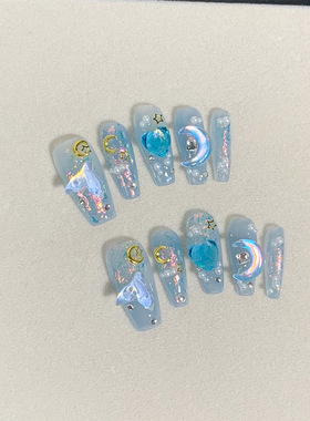 蓝色海洋冰透猫眼立体爱心月亮美甲贴片轻奢高级感手工穿戴甲成品