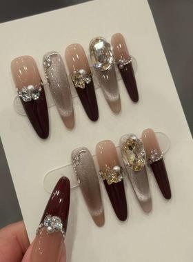 纯手工穿戴甲高级感红色白色法式猫眼大钻推小钻细狗长款气质美甲