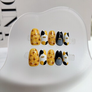 小众简约少女可拆卸穿戴甲 可爱三花喵涂鸦线条细闪亮片日常短款