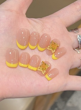 黄色猫型碎钻咪咪嘟法式夏日显白温柔气质蝴蝶结简约可拆卸穿戴甲