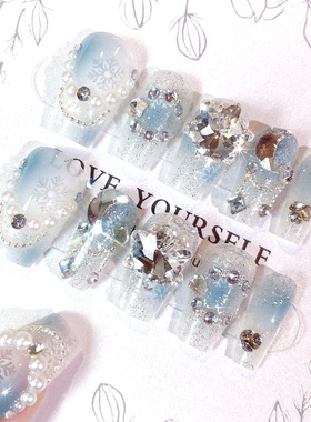 夏季浅蓝色渐变美甲贴中长款圣诞新年雪花钻闪可拆卸穿戴式指甲贴