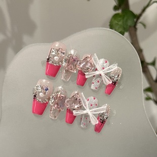 纯手工穿戴甲2024玫粉色蕾丝蝴蝶结爱心大钻气质显白高级感美甲贴