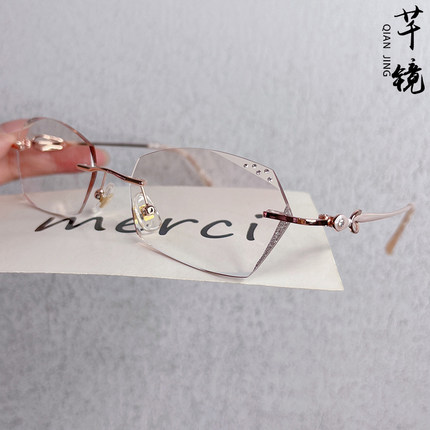 无框眼镜女纯钛钻石切边近眼视镜防蓝光舒适气质优雅温婉镶钻眼镜