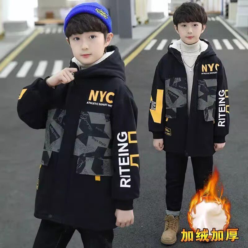 男童棉衣加绒外套2024新款中大童男孩中长款派克服冬款洋气棉服厚
