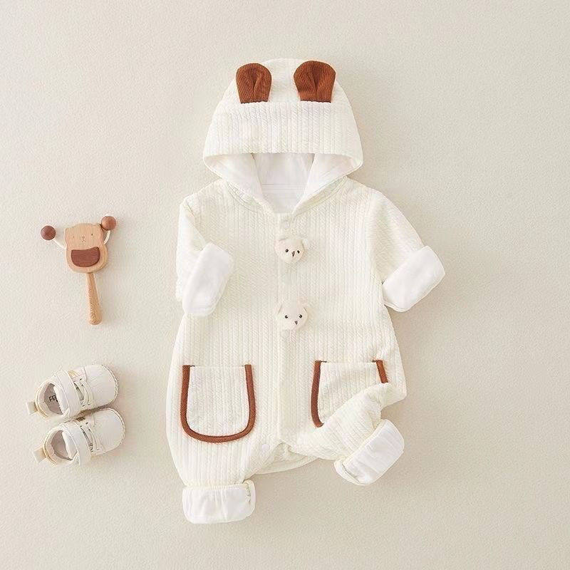 婴儿衣服秋装新生男宝宝连体衣满月百天超萌外出连帽双层哈衣春秋
