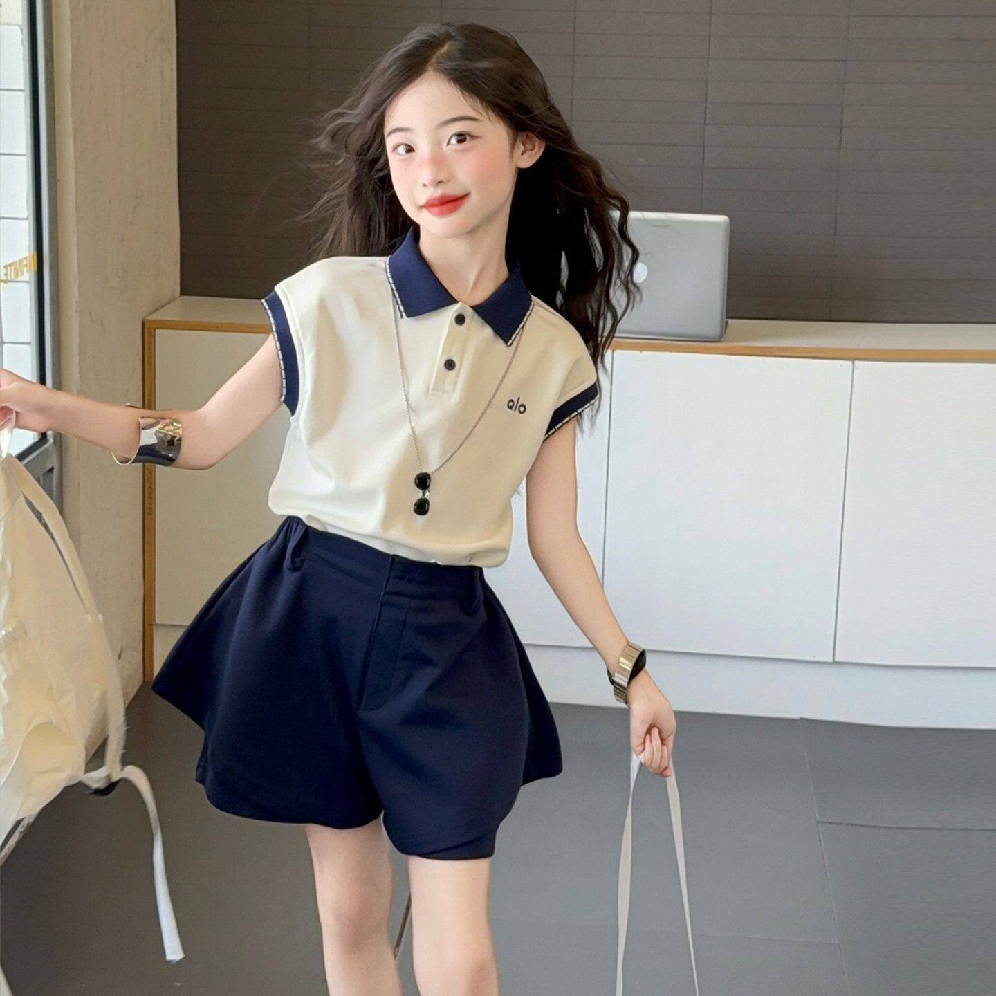 女童夏装套装2026新款儿童洋气时髦polo衫短袖t恤短裤两件套夏季