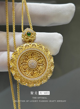 金店同款沙金新中式大号可旋转花丝如意点钻八宝罗盘吊坠编绳