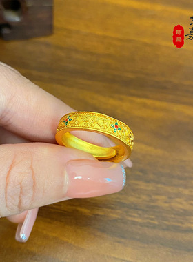 2025款女士古法祥云四草烧蓝戒指珐琅彩沙金指环不掉色高级感饰品
