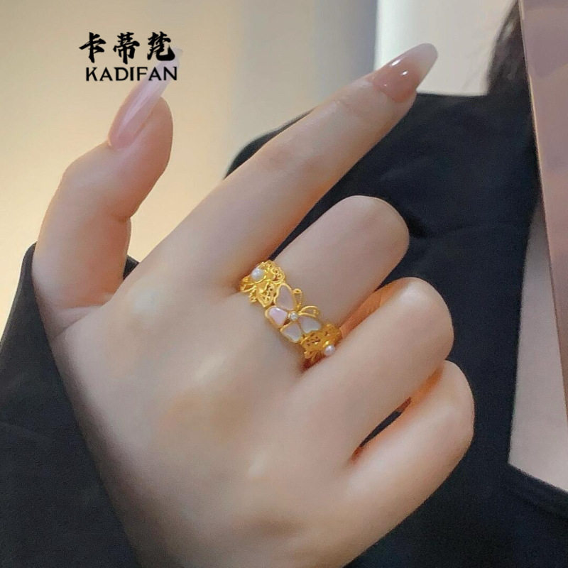 金店同款古法沙金粉蝶贝蝴蝶戒指黄金色活口指环女时尚气质百搭