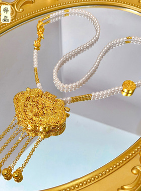 爆款金店同款古法沙金花丝镶嵌天子门生龙凤流苏锁包吊坠国风项链