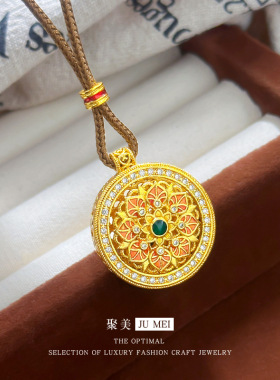 2026新款沙金镶钻宝相花如意吊坠复古高级感可转动花开富贵锁骨链