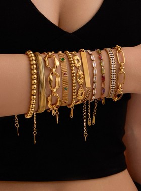 2025新款女士钛钢手链镀不锈钢镶嵌锆石时尚百搭套装叠戴手串女