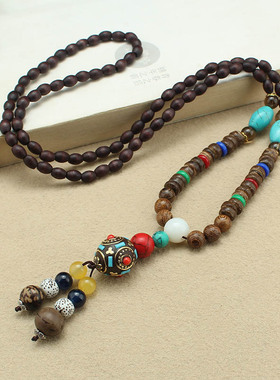 2025简约民族风毛衣链男女百搭木质佛珠长款项链复古棉麻衣服配饰