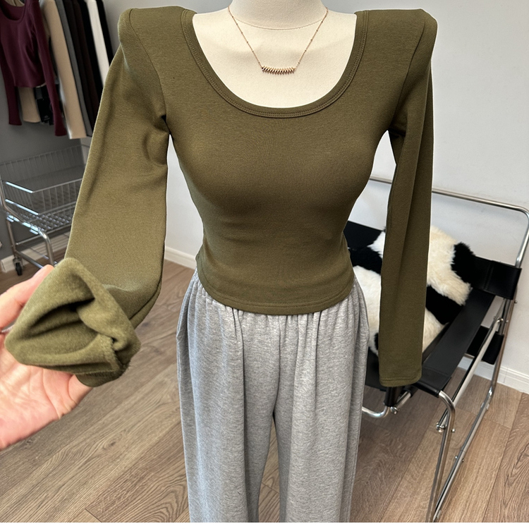 胸垫加绒U领垫肩长袖T恤修身磨毛短款打底衫上衣