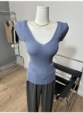 好看的雾蓝色~ 前后V领短袖针织衫修身打底衫上衣女新款