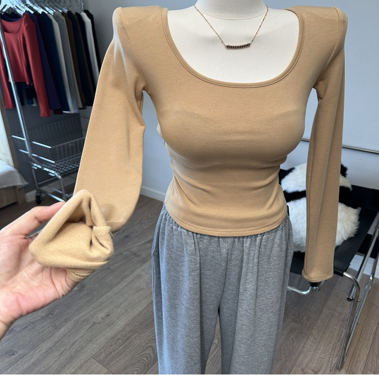 垫肩方领加绒长袖体恤修身磨毛打底衫上衣