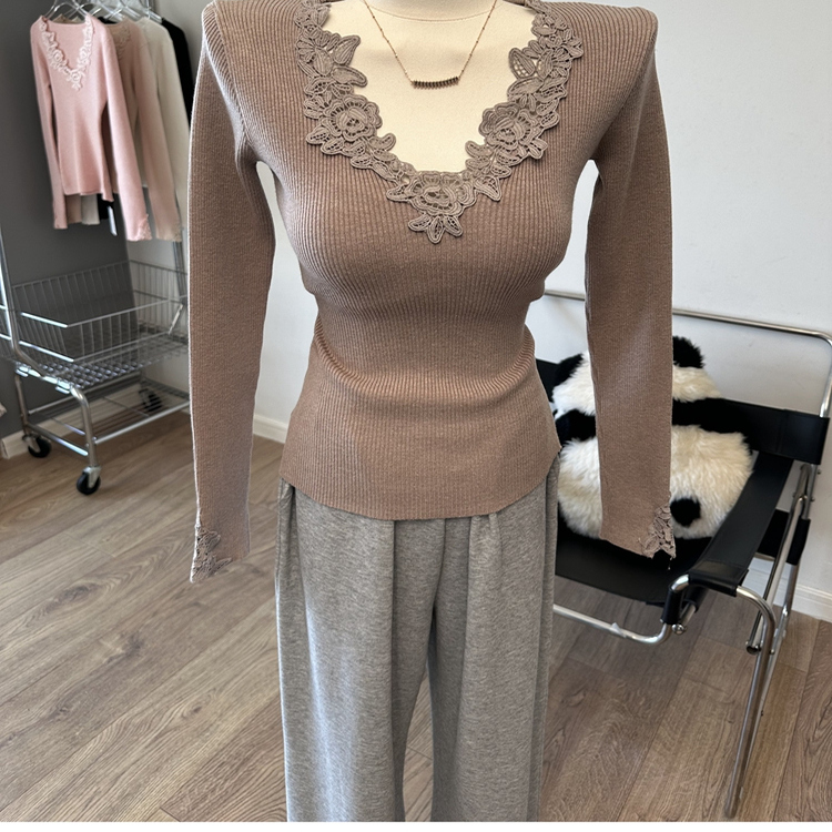 V领花边长袖针织衫修身打底衫毛衣上衣