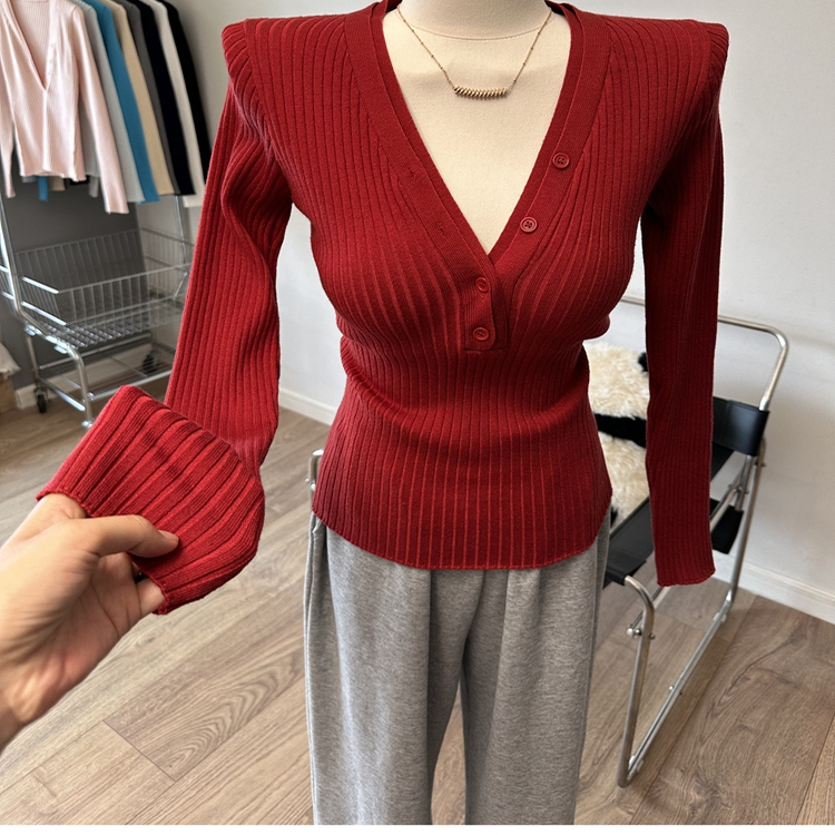 耐看款式～ 扣子V领长袖针织衫修身打底衫上衣毛衣