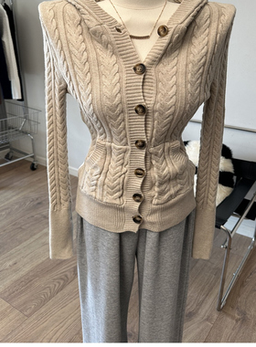 实力打call   麻花连帽口袋扣子长袖针织衫毛衣开衫