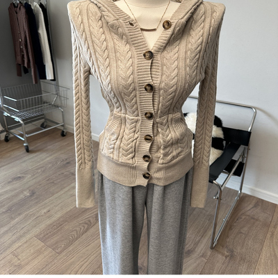 实力打call   麻花连帽口袋扣子长袖针织衫毛衣开衫