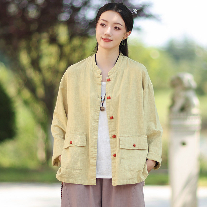 25年秋季新款棉麻复古新中式衬衫女国风撞色盘扣开衫外套宽松
