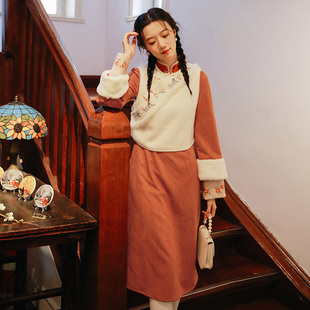 小个子 长袖 微笑向暖国风复古假两件袖 口刺绣旗袍女马甲2021年冬季