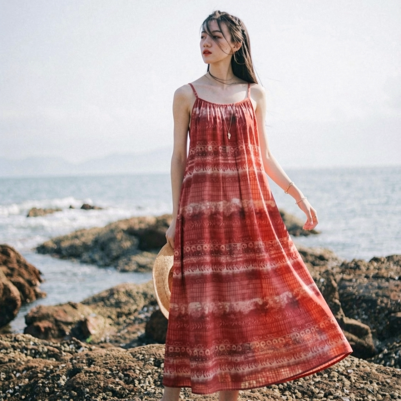 微笑向暖 文艺度假风宽松民族花吊带连衣裙 复古花纹无袖连衣裙