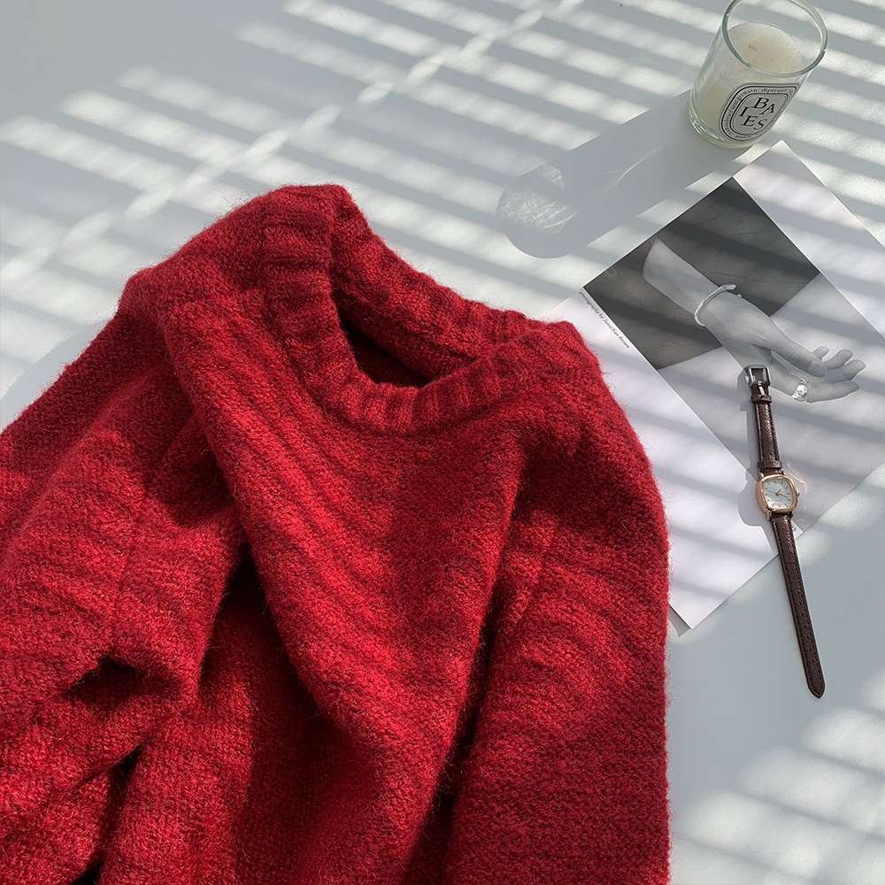 微笑向暖 红色圆领套头显瘦毛衣针织衫秋冬季宽松慵懒风软糯加厚