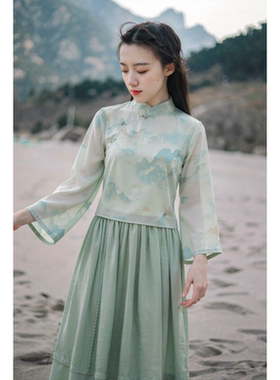 微笑向暖 改良国风上衣 中国风夏季新中式茶服汉服绿色半裙套装