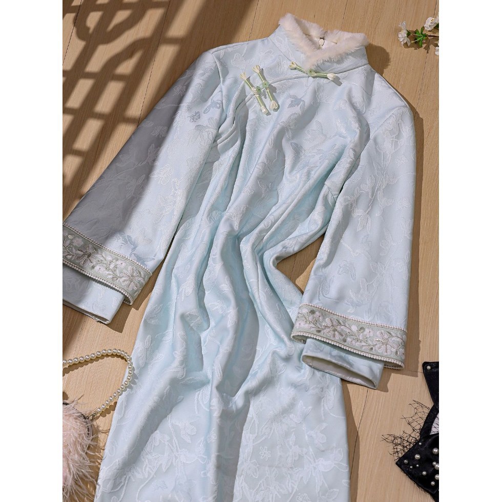 微笑向暖 蓝色新中式倒大袖旗袍女加绒加厚国风2025小个子连衣裙