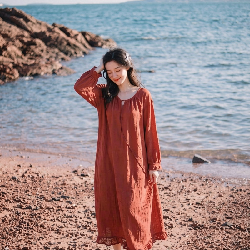 微笑向暖 文艺风设计感裙子 旅行风手抓皱袍子荷叶摆宽松连衣裙