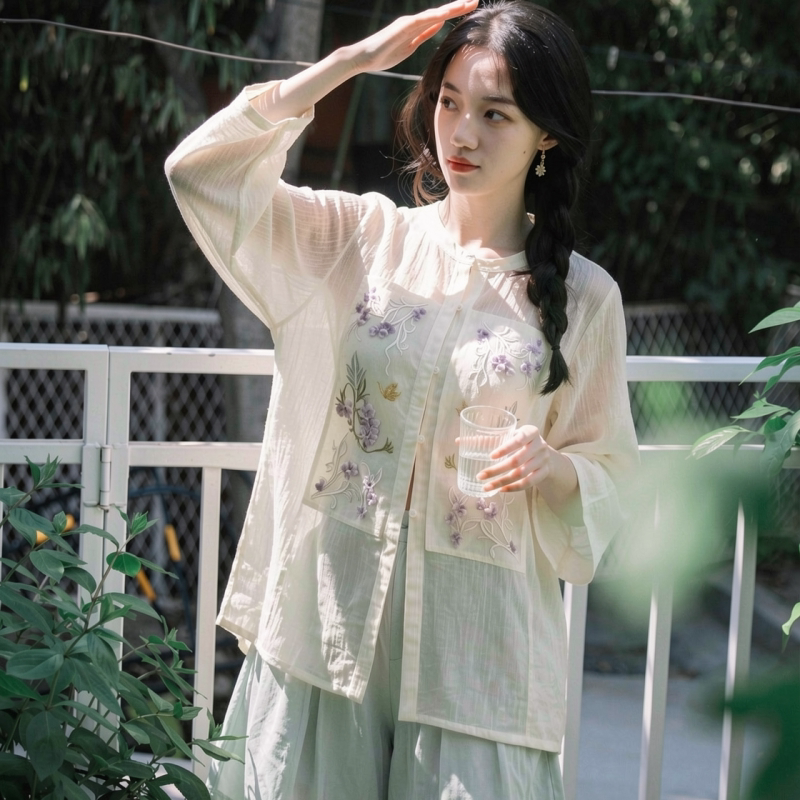 微笑向暖 复古明制圆领补服半袖短裤套装 国风改良汉服刺绣两件套
