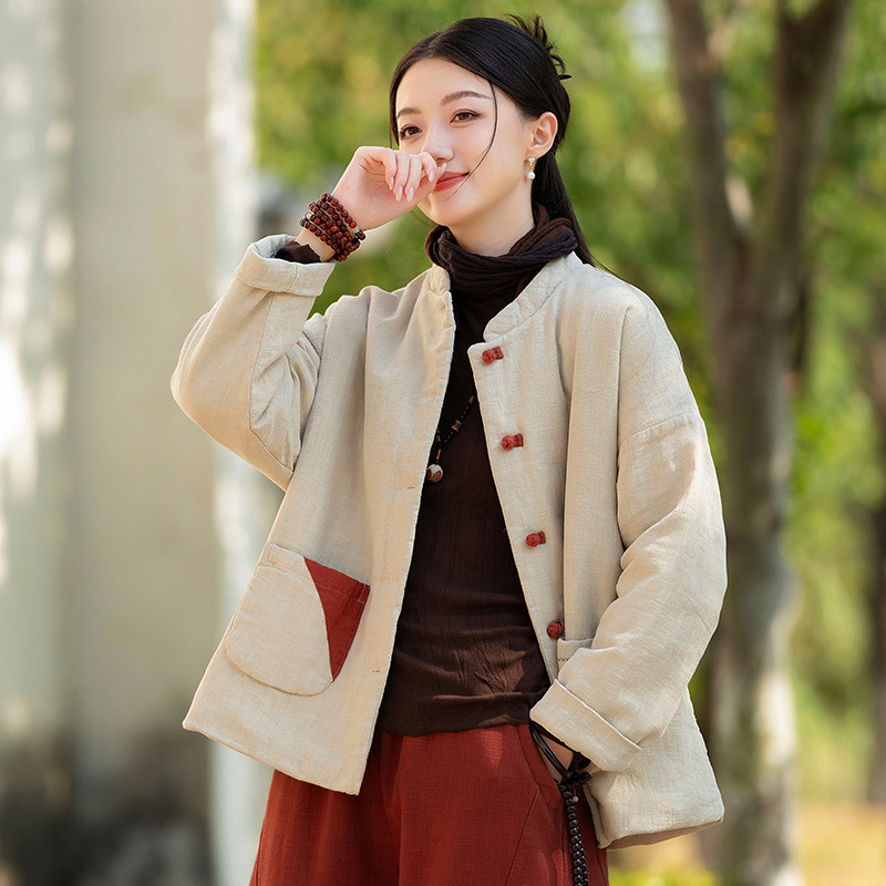 微笑向暖 复古立领拼色盘扣加厚棉外套女士夹棉保暖棉麻短款
