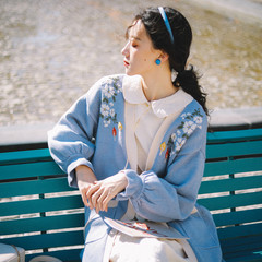 微笑向暖 甜美百搭彩色长袖针织开衫少女感中长款手绣花毛衣外套B